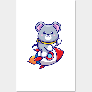 Cute mouse riding rocket cartoon Posters and Art